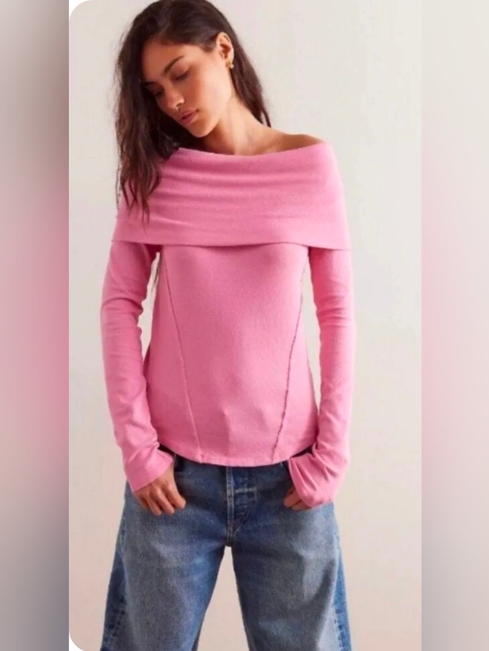 Free People Iris Off The shoulder Long Sleeve Top Cashmire Rose Sz Large NWT